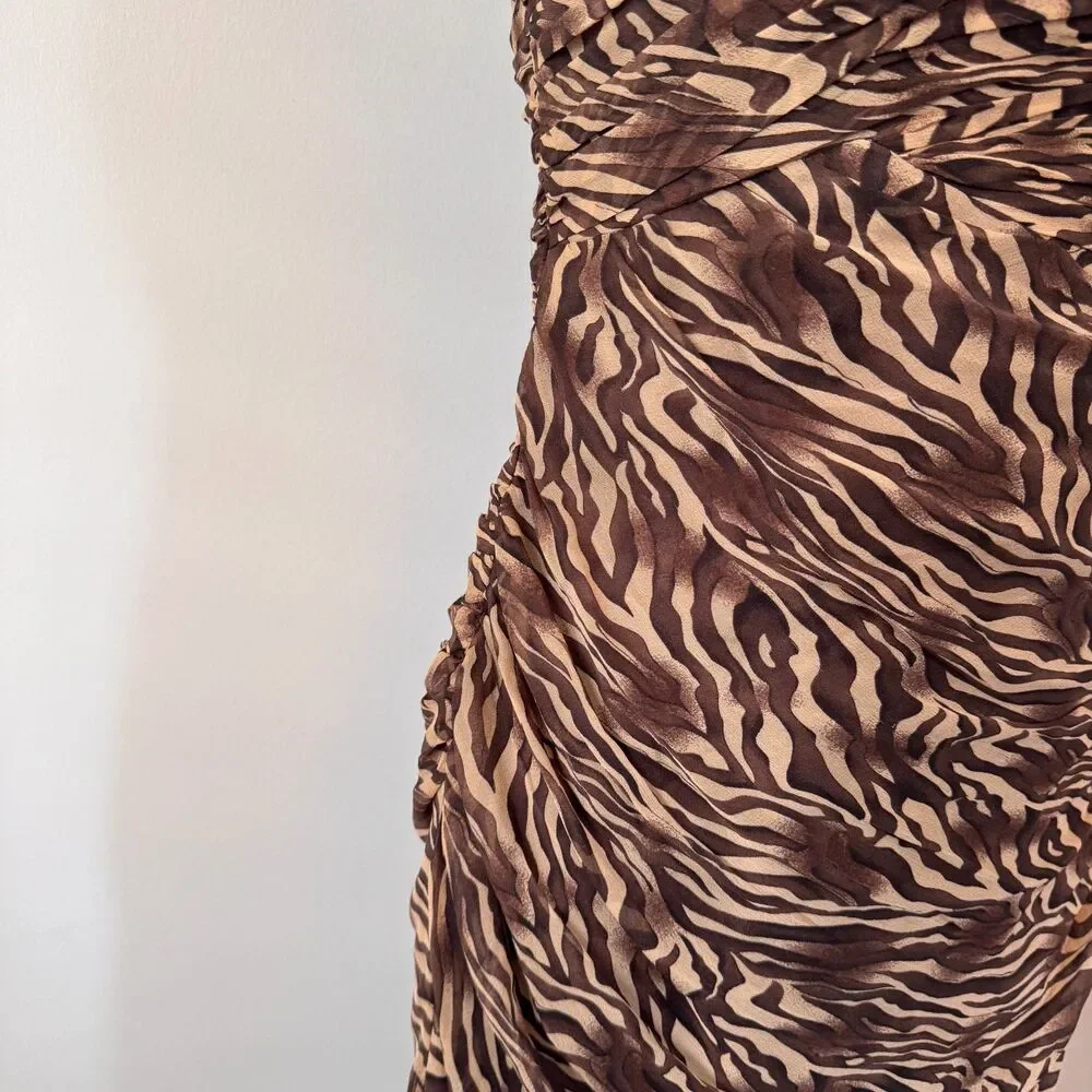 Niteline Brown & Tan Zebra Print Ruched Midi Dress Gold Chain Straps Size 12